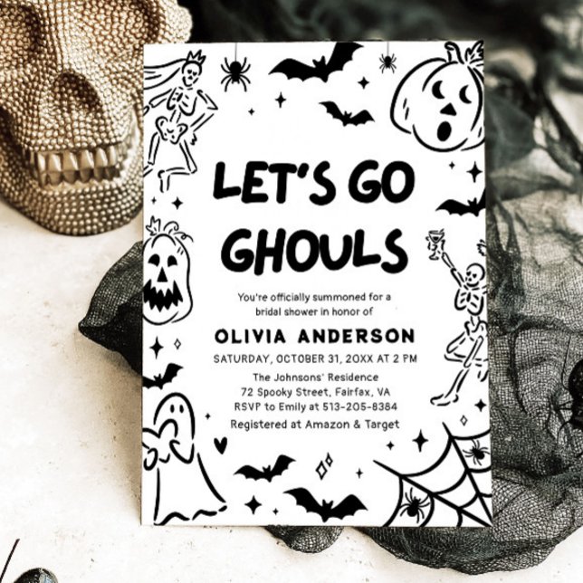 Convite Chá de panela Fantasma de Halloween Desenhado à Mã (Hand Drawn Halloween Skeleton Ghost Bridal Shower Invitation)