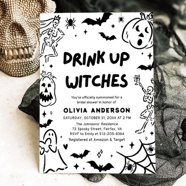 Convite Chá de panela Fantasma de Halloween Desenhado à Mã (Hand Drawn Halloween Skeleton Ghost Bridal Shower Invitation)