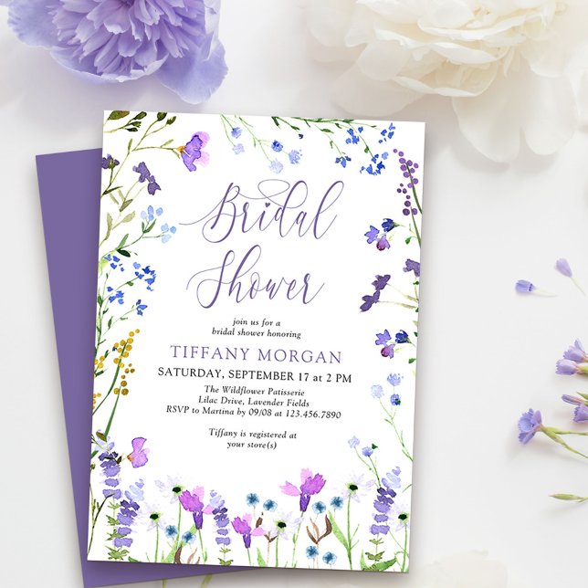 Convite Chá de panela feminino de flor selvagem roxo (Bridal Shower Invitation from my Purple Wildflower Collection. 
)