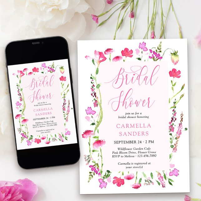 Convite Chá de panela feminino elegante cor-de-rosa (Bridal Shower Invitation from my Pink Wildflower Collection. )