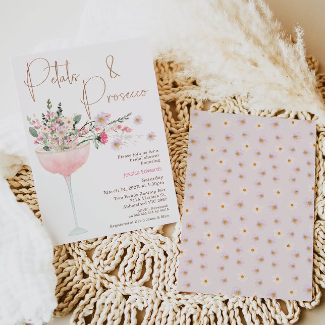 Convite Chá de panela fetal e Prosecco de flor selvagem mo (Petal and Prosecco themed bridal shower invitation easy to personalize. )