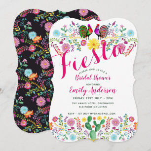 Convite Chá de panela Fiesta Mexicano Roosters Folk Flowe