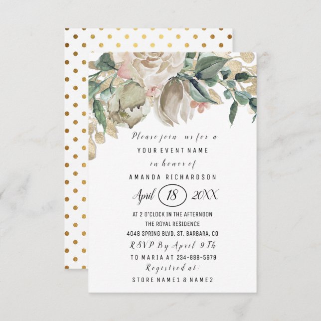 Convite Chá de panela Flor Verde Dourado Pontos Brilhantes (Frente/Verso)