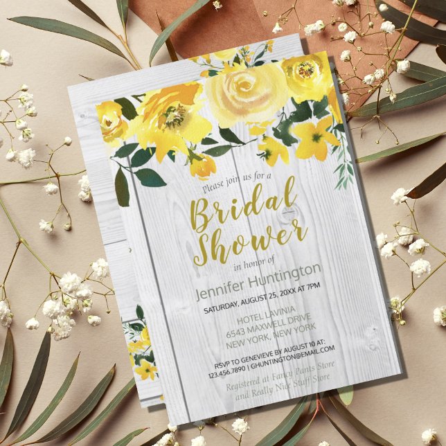 Convite Chá de panela Floral Amarelo de Barnwood Russo (Rustic Barnwood Yellow Floral Bridal Shower Invitation
)