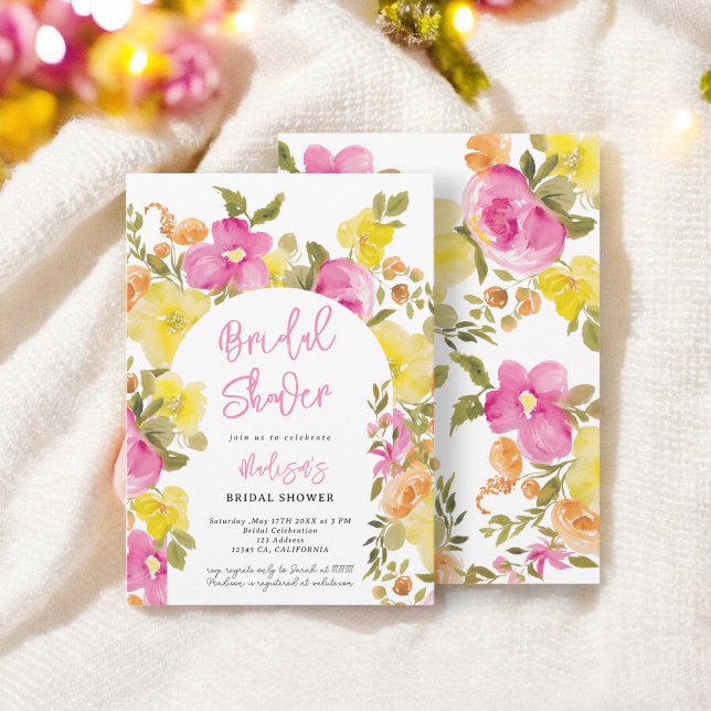 Convite Chá de panela floral amarelo-rosa-branco-chic eleg (Chic elegant boho pink yellow floral bridal shower invitation)