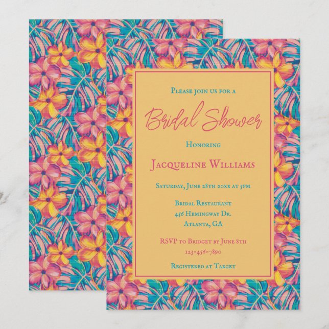 Convite Chá de panela Floral Amarelo-rosa tropical (Frente/Verso)