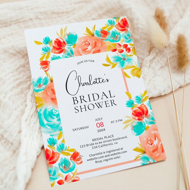 Convite Chá de panela floral azul-alaranjado boêmico (Bohemian bright orange blue floral bridal shower invitation)