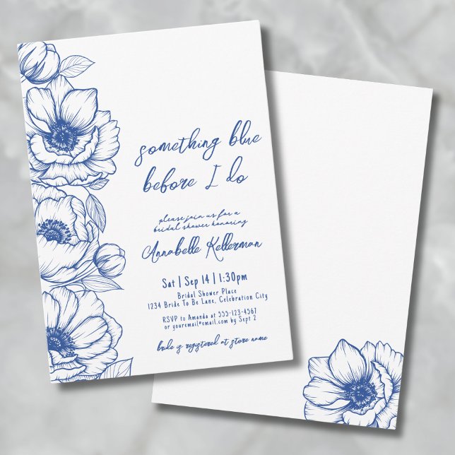 Convite Chá de panela Floral Azul Algo Quente (Whimsical Something Blue Floral Bridal Shower Invitation)