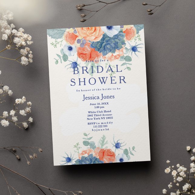 Convite Chá de panela floral azul-aquarela (Zazzle Watercolor coral blue rustic floral Bridal Shower Invitation )