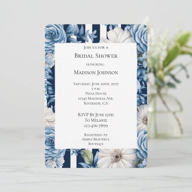 Convite Chá de panela Floral Azul Branco (Em pé/Frente)