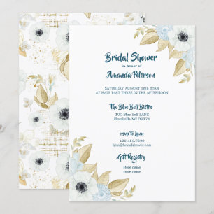Convite Chá de panela floral azul & branco do primavera