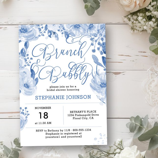 Convite Chá de panela Floral Azul Brunch e Bubble (Brunch & Bubbly Invitation from my Dusty Blue Watercolor Floral Bridal Shower)