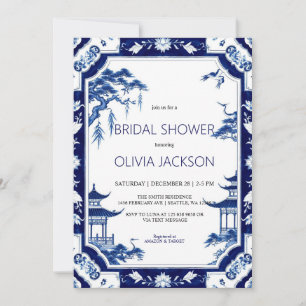 Convite Chá de panela Floral Azul Chinoiserie