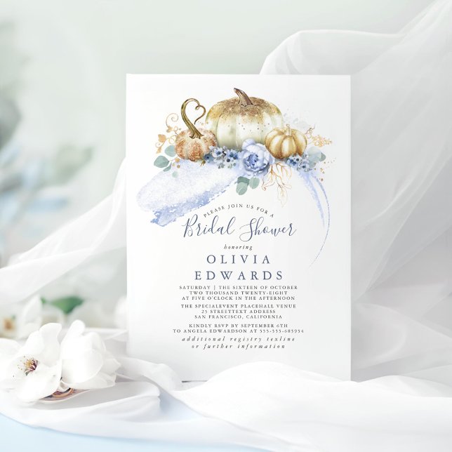 Convite Chá de panela Floral Azul Dourado Pumpkins Dusty (Dusty Blue Greenery Pumpkins Fall Bridal Shower Invitations)