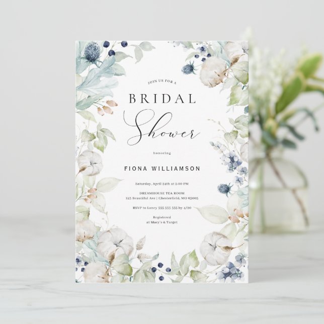 Convite Chá de panela Floral Azul Dusty (Em pé/Frente)