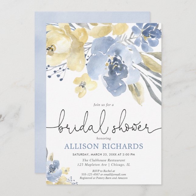 Convite Chá de panela floral azul e amarelo empoeirado (Frente/Verso)