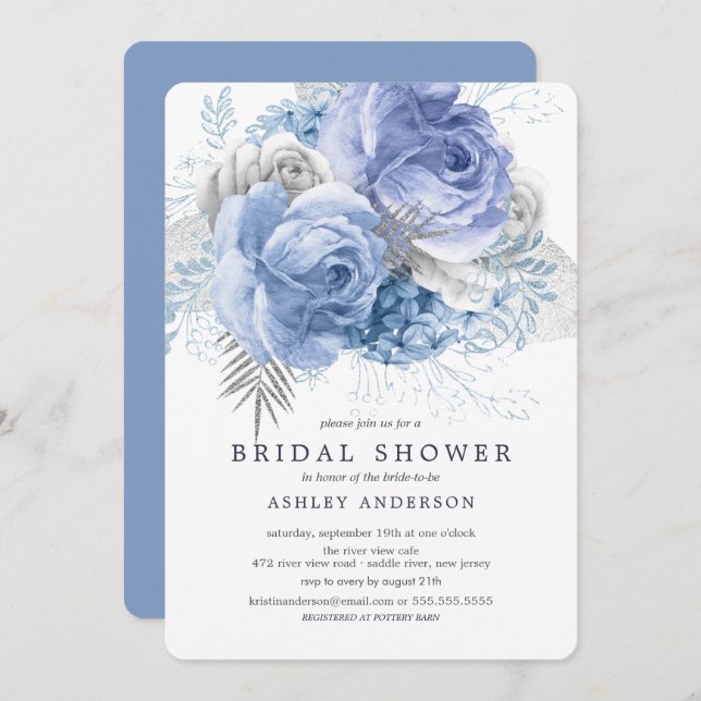 Convite Chá de panela Floral Azul e Prata (Frente/Verso)