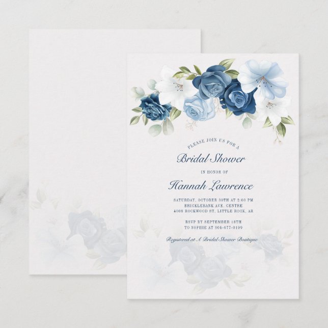 Convite Chá de panela Floral Azul Elegante (Frente/Verso)