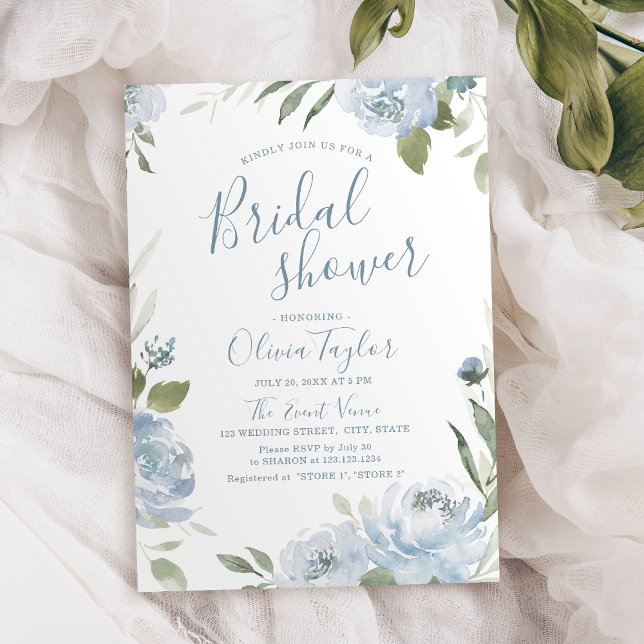Convite Chá de panela floral azul empoeirado romântico (Romantic dusty blue calligraphy Bridal Shower Invitation)