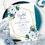 Convite Chá de panela Floral Azul Geométrico Dourado<br><div class="desc">Chá de panela Floral Azul Geométrico</div>