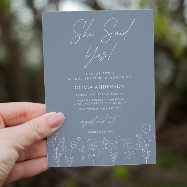 Convite Chá de panela Floral Azul Mínimo Dusty (Criador carregado)