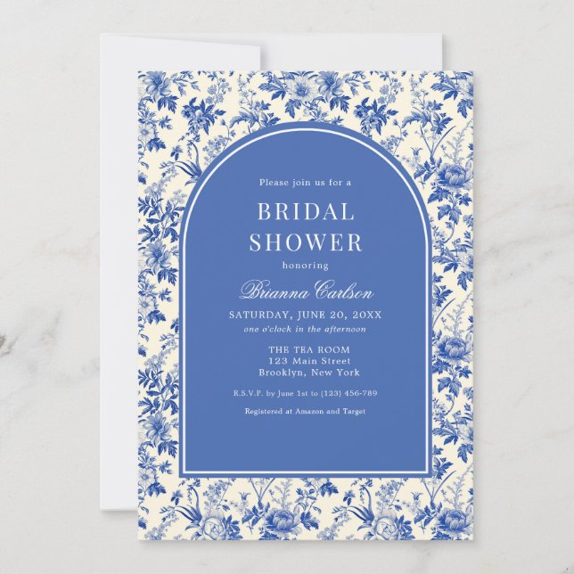 Convite Chá de panela Floral Blue Ivory Chinoiserie (Frente)