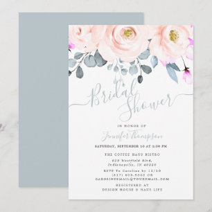 Convite Chá de panela Floral Blush & Dusty Blue Watercolor