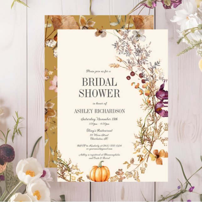 Convite Chá de panela Floral Boho (Fall Floral Pumpkin Bridal Shower Invitation, Ivory, Wildflowers, Purple, Yellow)