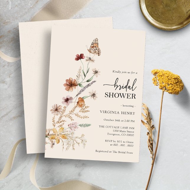 Convite Chá de panela Floral Boho (Wildflower Floral Boho Bridal Shower Invitation with Butterfly by Painted Paperie
)