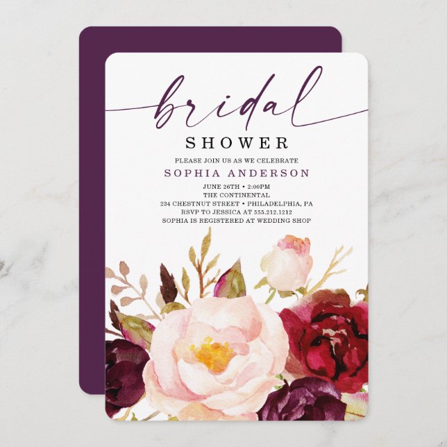 Convite Chá de panela Floral Boho Burgundy (Frente/Verso)