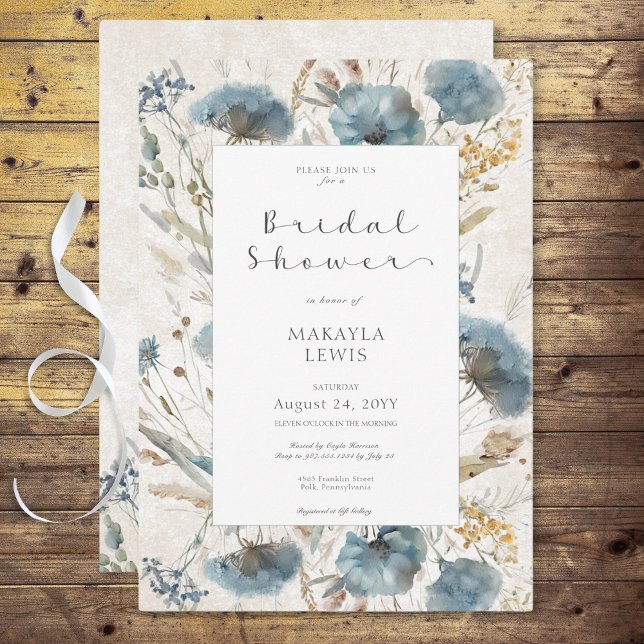Convite Chá de panela Floral Boho Dusty Azul e Castanho (Boho Dusty Blue & Brown Floral Bridal Shower Invitation)