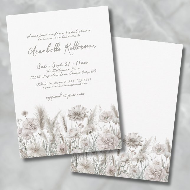 Convite Chá de panela Floral Boho Elegante Pampas Botânico (Elegant Botanical Pampas Floral Boho Bridal Shower Invitation)