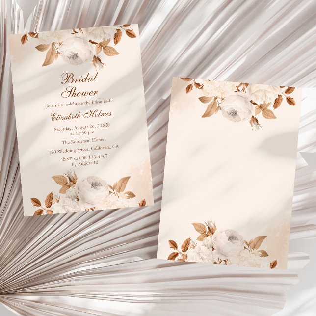Convite Chá de panela Floral Boho Pale Peach Terracotta (Boho Pale Peach Terracotta Floral Bridal Shower Invitation on a sunny white dry palm leaf.)