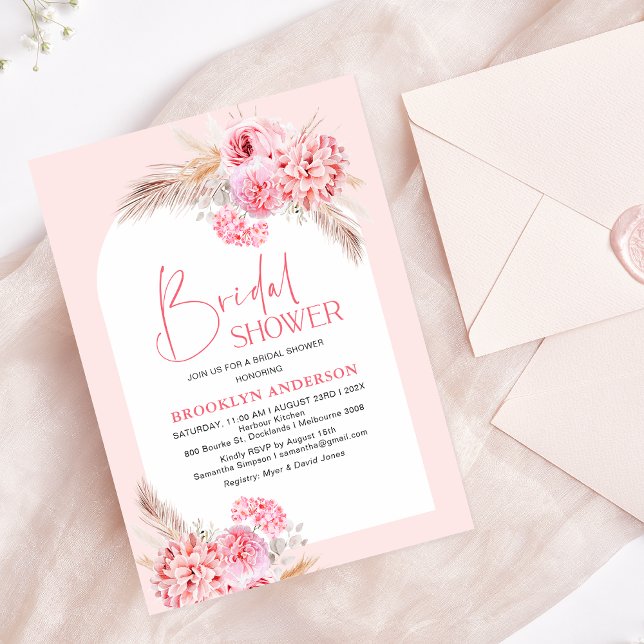 Convite Chá de panela Floral Boho Pink Arch (Bright Pink Bridal Shower Invitation Template Boho, Modern Pink Floral Bridal Shower Invitation)