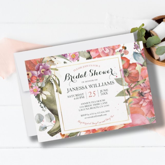 Convite Chá de panela Floral bonito (PRETTY PINK GARDEN FLORAL BRIDAL SHOWER INVITATION)