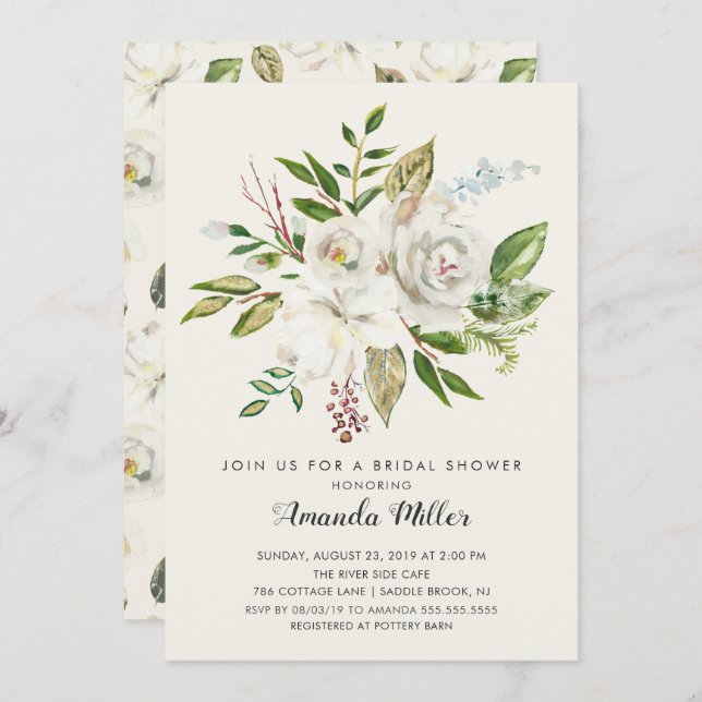 Convite Chá de panela Floral Branco (Frente/Verso)