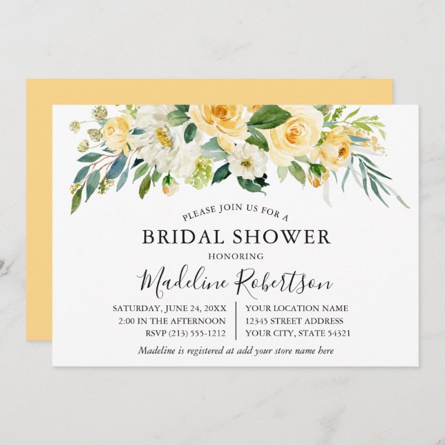 Convite Chá de panela Floral Branco Amarelo de Aquarela (Frente/Verso)