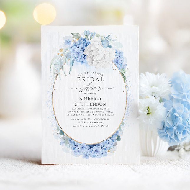 Convite Chá de panela Floral Branco e Azul Dusty (Dusty Blue Bridal Shower Invitation)