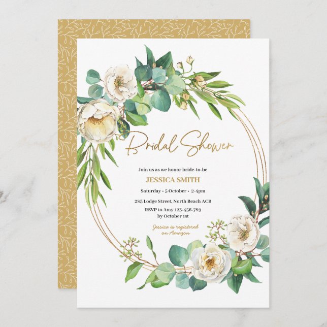 Convite Chá de panela floral branco e Dourado (Frente/Verso)