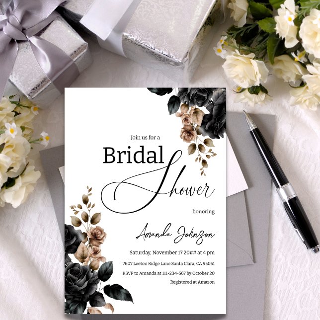 Convite Chá de panela Floral Branco e Preto Elegante (Criador carregado)