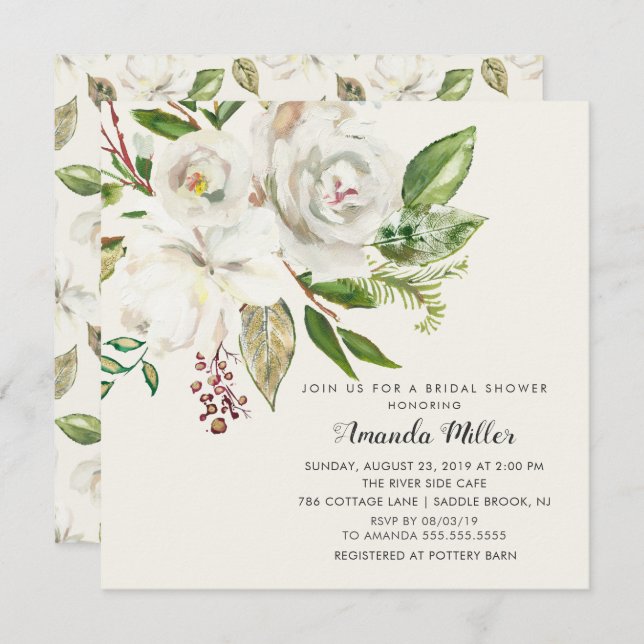 Convite Chá de panela Floral Branco Elegante (Frente/Verso)