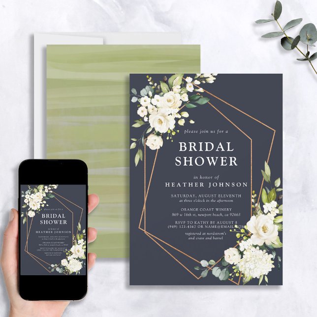 Convite Chá de panela Floral Branco Geométrico Azul Cobre (Criador carregado)