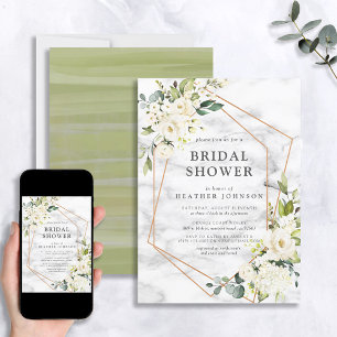 Convite Chá de panela floral branco geométrico de mármo