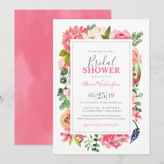 Convite Chá de panela Floral Brilhante de Flores de Aquare (Frente/Verso)