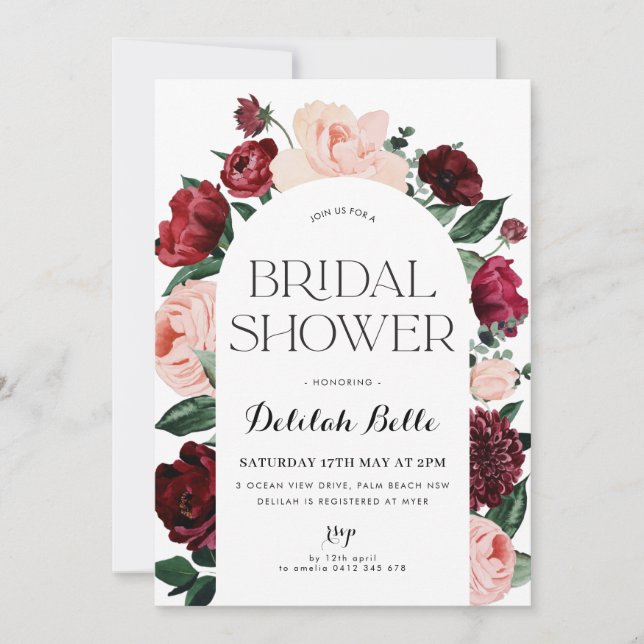 Convite Chá de panela Floral Burgundy Arch (Frente)