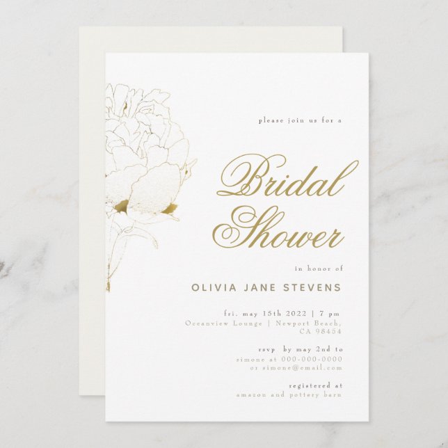 Convite Chá de panela Floral BW Floral Elegante Dourado (Frente/Verso)