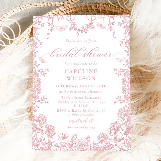 Convite Chá de panela Floral Chinoiserie Dusty Pink Toile