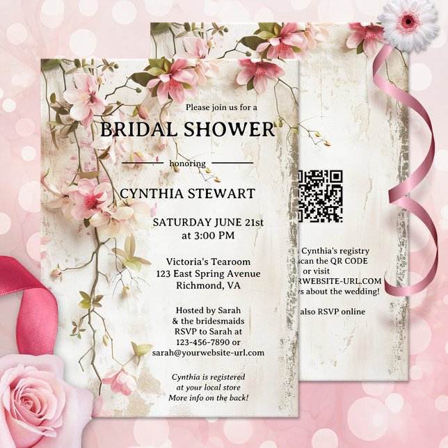 Convite Chá de panela Floral Cor-de-Água-Chic-Rosa (Boho chic bridal shower invitation showing watercolor pink flowers on a rustic background - QR code)
