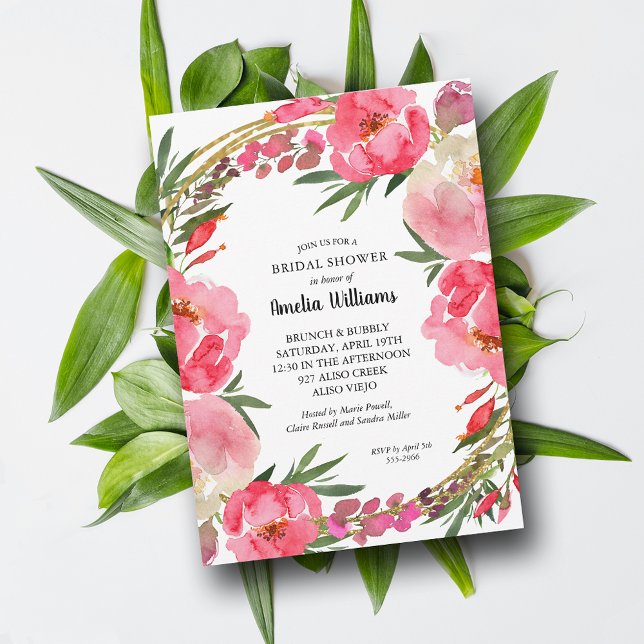 Convite Chá de panela Floral Cor-de-Água Rosa (Watercolor Pink Floral Bridal Shower Invitations - INSTANT DOWNLOAD and/or PRINTED)