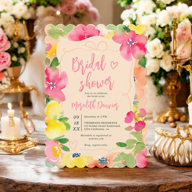 Convite Chá de panela floral cor-de-rosa-roxo romântico (Romantic boho bold pink floral bow bridal shower invitation)